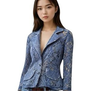 Fredericks of Hollywood Cropped Faux Lace Blazer in Baby Blue